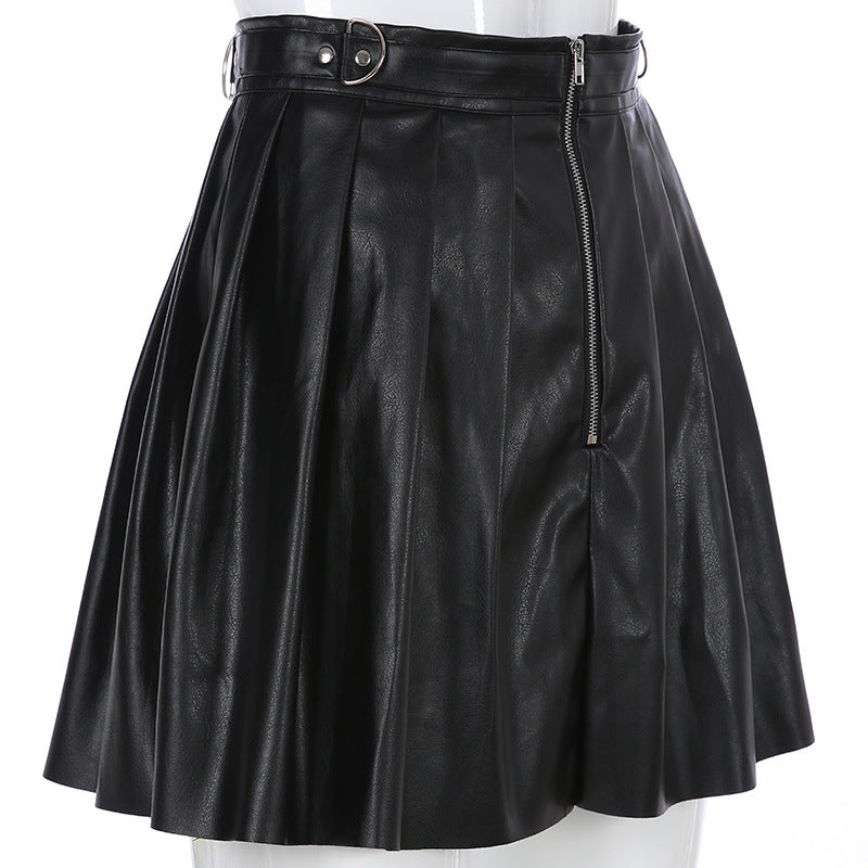 Dark Leather Pleated Skirt