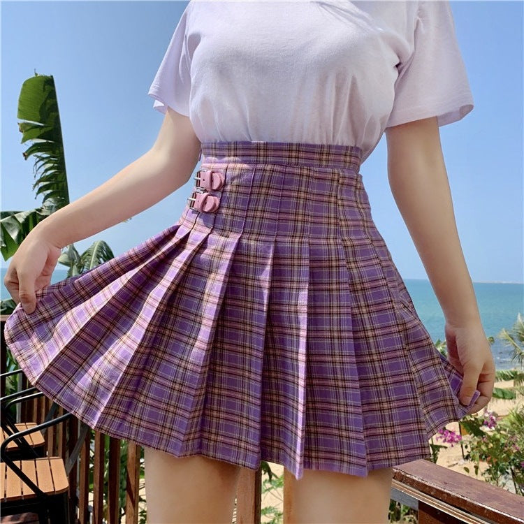 High waist purple plaid skirt