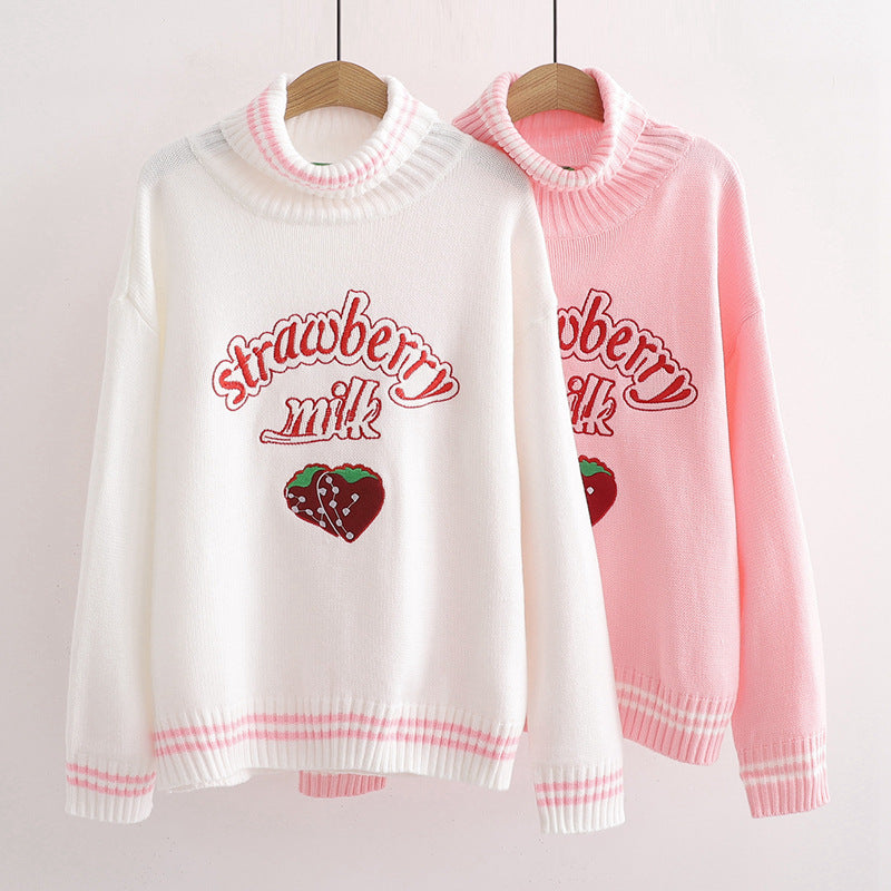 Strawberry embroidered turtleneck sweater