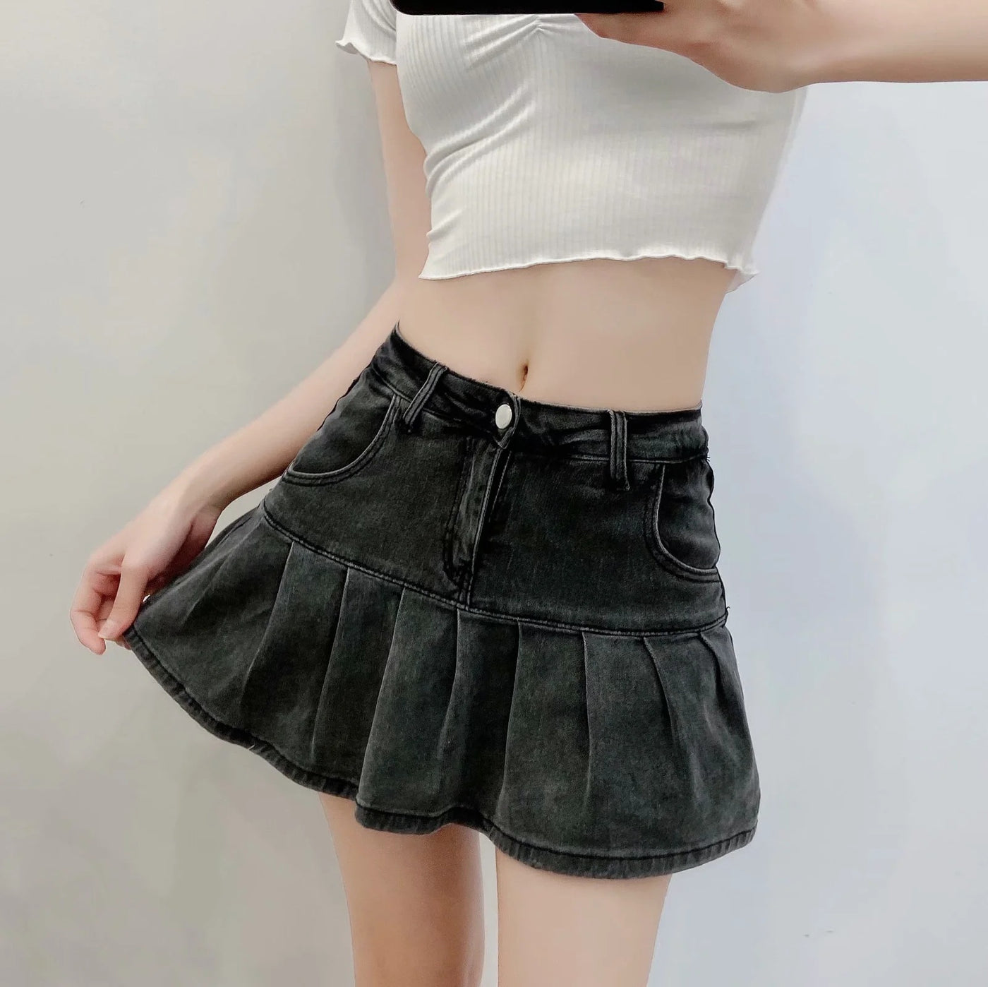 Short Pleated Jean Skirt