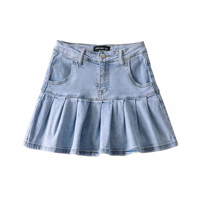 Short Pleated Jean Skirt