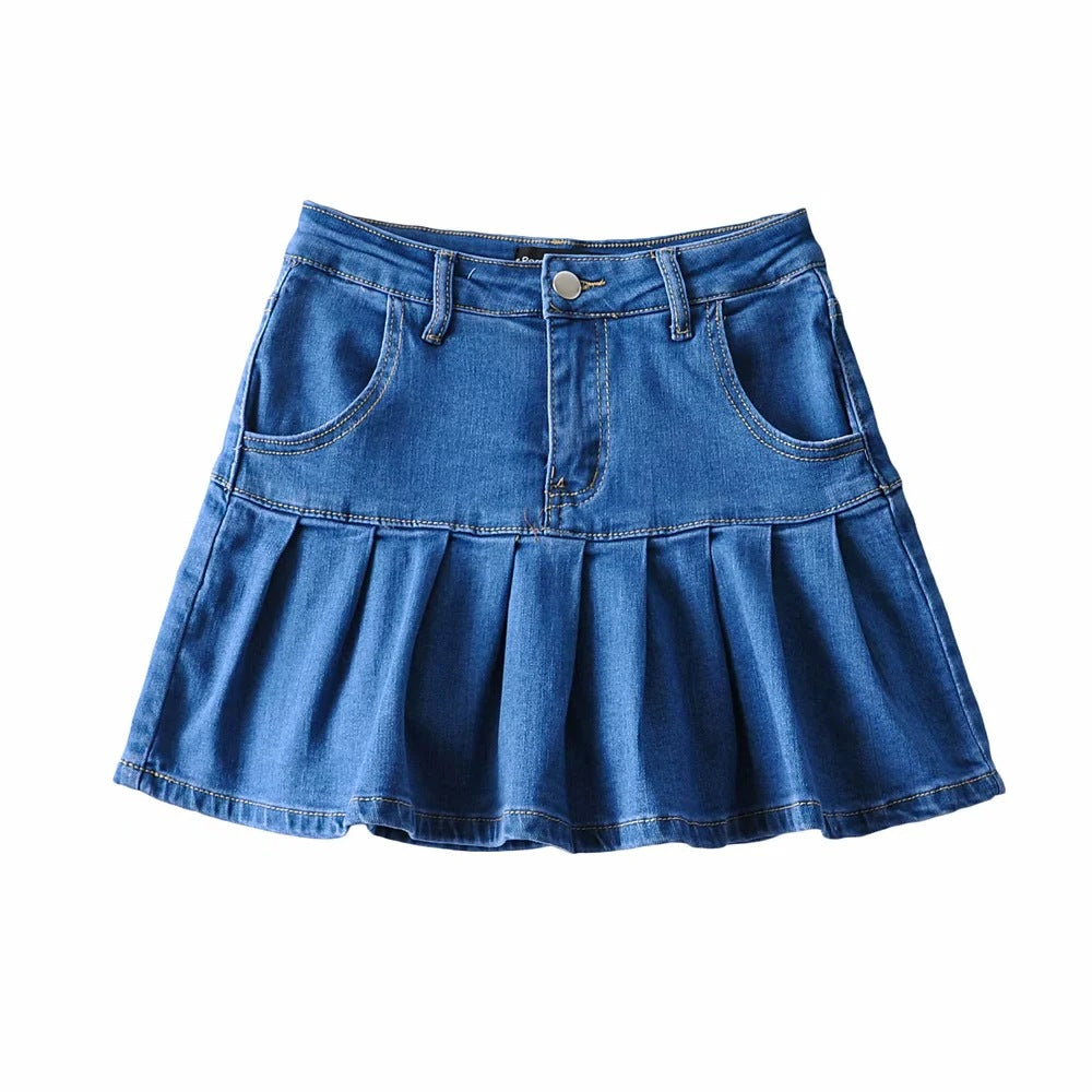 Short Pleated Jean Skirt