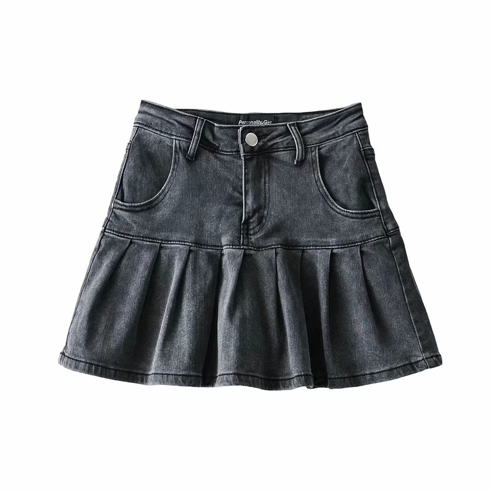 Short Pleated Jean Skirt