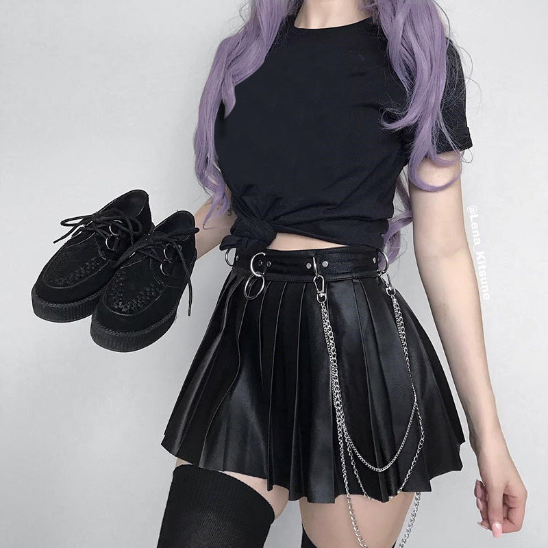 Pleated Dark Leather High Waist Slim Skirt