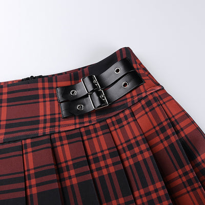 Leather Belt Plaid Skirt