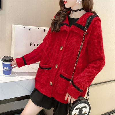 Contrasting Color Knitted Cardigan Women's Sweet Sweater Coat