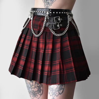 Leather Belt Plaid Skirt